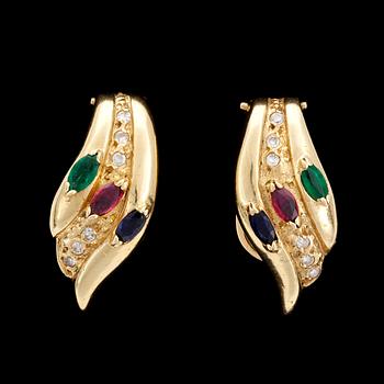 EARRINGS, marquise cut emerald, ruby, blue sapphire and brilliant cut diamonds, tot. app. 0.12 cts.