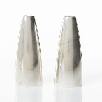 Salt and pepper shakers and tray, silver, including Henning Koppel for Georg Jensen, Denmark.