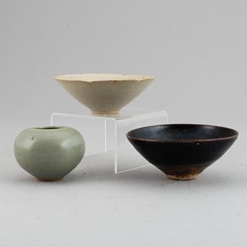 A group of three ceramic objects, including Song and Yuan dynasty.