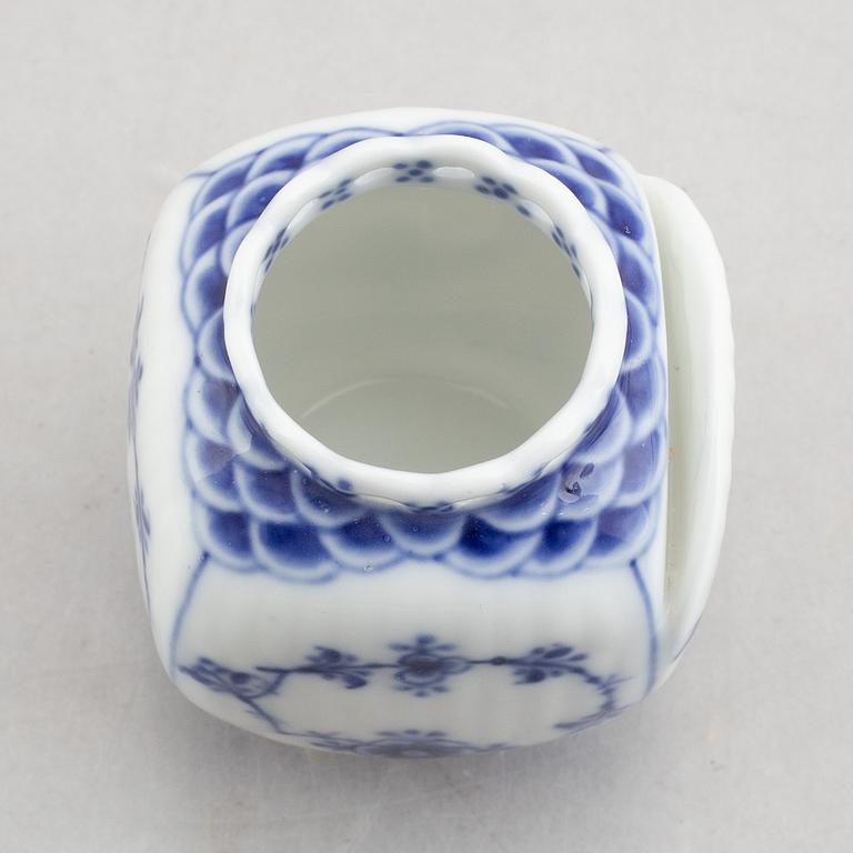 A group of two vases, two bowls and a candlestick, "Blue fluted full lace"/"Musselmalet", Royal Copenhagen.