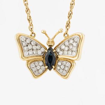 Collier, fjäril, 18K guld med blå safir och briljantslipade diamanter.