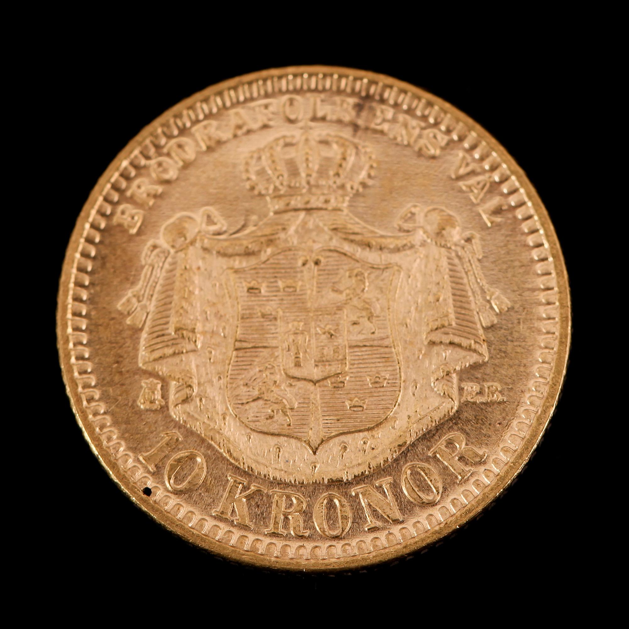 GULDMYNT, 10 kronor, Oscar II, 1894.  Vikt ca 5 gram.