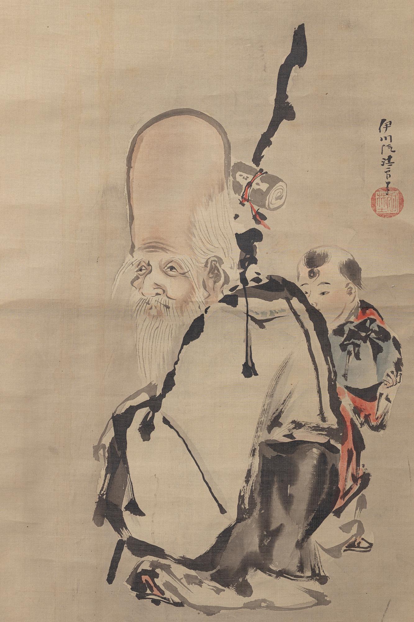 Unidentified artist, Shoulao / Jurojin and boy, Japan, circa 1900.