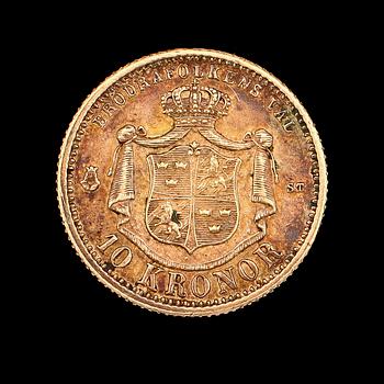 GULDMYNT, 10 kronor, Oscar II, 1873. Vikt ca 5 g.