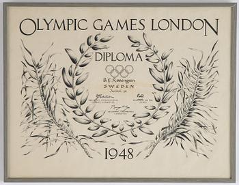 Diplom, Olympic Games London Diploma 1948, "B.E. Rosengren Sweden Football 1st" samt Olympiakalendern 1948.