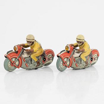 Schuco, four tin motorcycles, 'Curvo 1000' and 'Motodrill 1006', U.S. Zone Germany , mid 20th century.