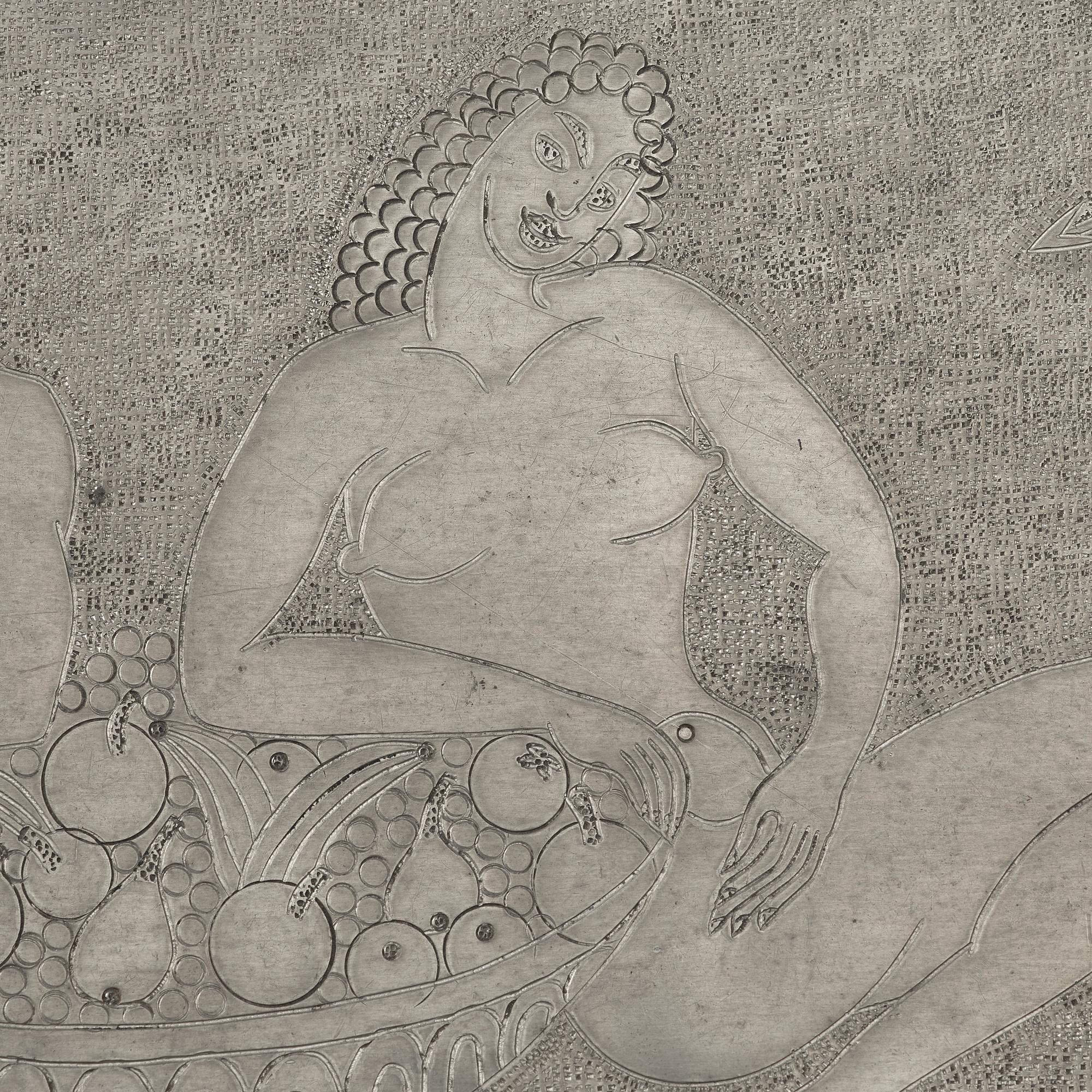 Anna Petrus, an engraved Swedish Grace pewter tray, Stockholm, early 1920's. this model was shown at The Paris Exhibition 1925.