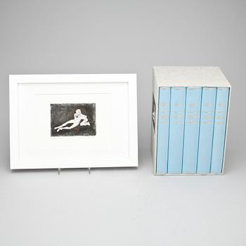 BÖCKER, 5 vol, "Från Pippi till Ronja", 1982, samt ILON WIKLAND, etsning, sign o numr 449/575.