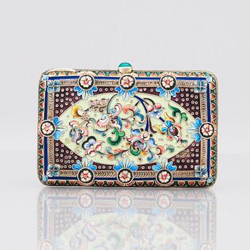 A Russian parcel-gilt silver and cloisonné enamel cigarette-case, Bril & Girshman, Moscow 1908-1917.