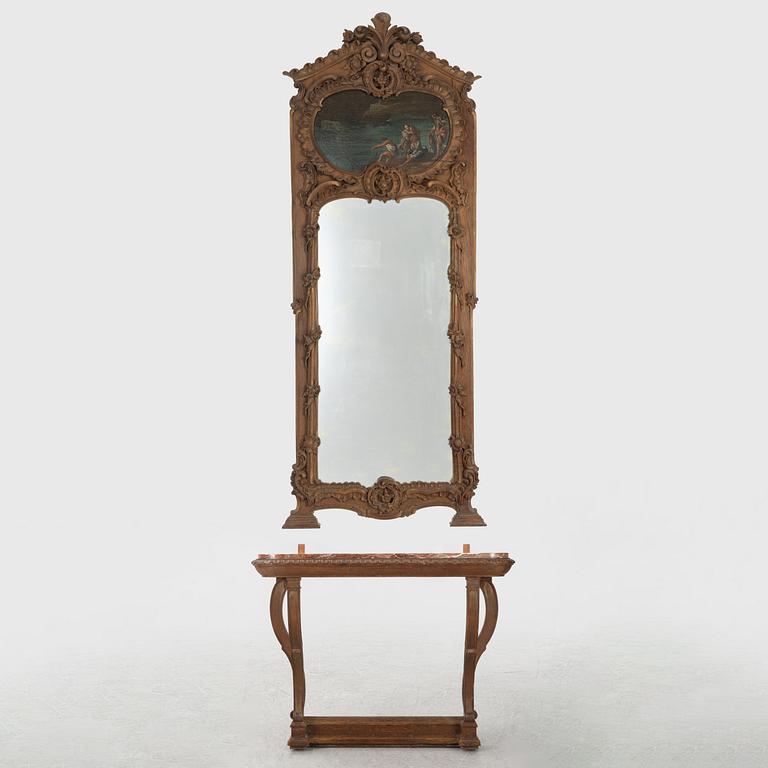 Spegel med konsolbord, sent 1800-tal, med målning, 1700-tal.