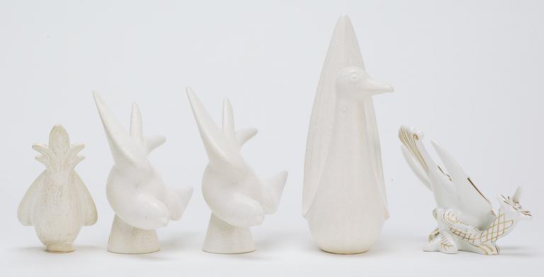 A set of five Gunnar Nylund stoneware figures of birds, Rörstrand.