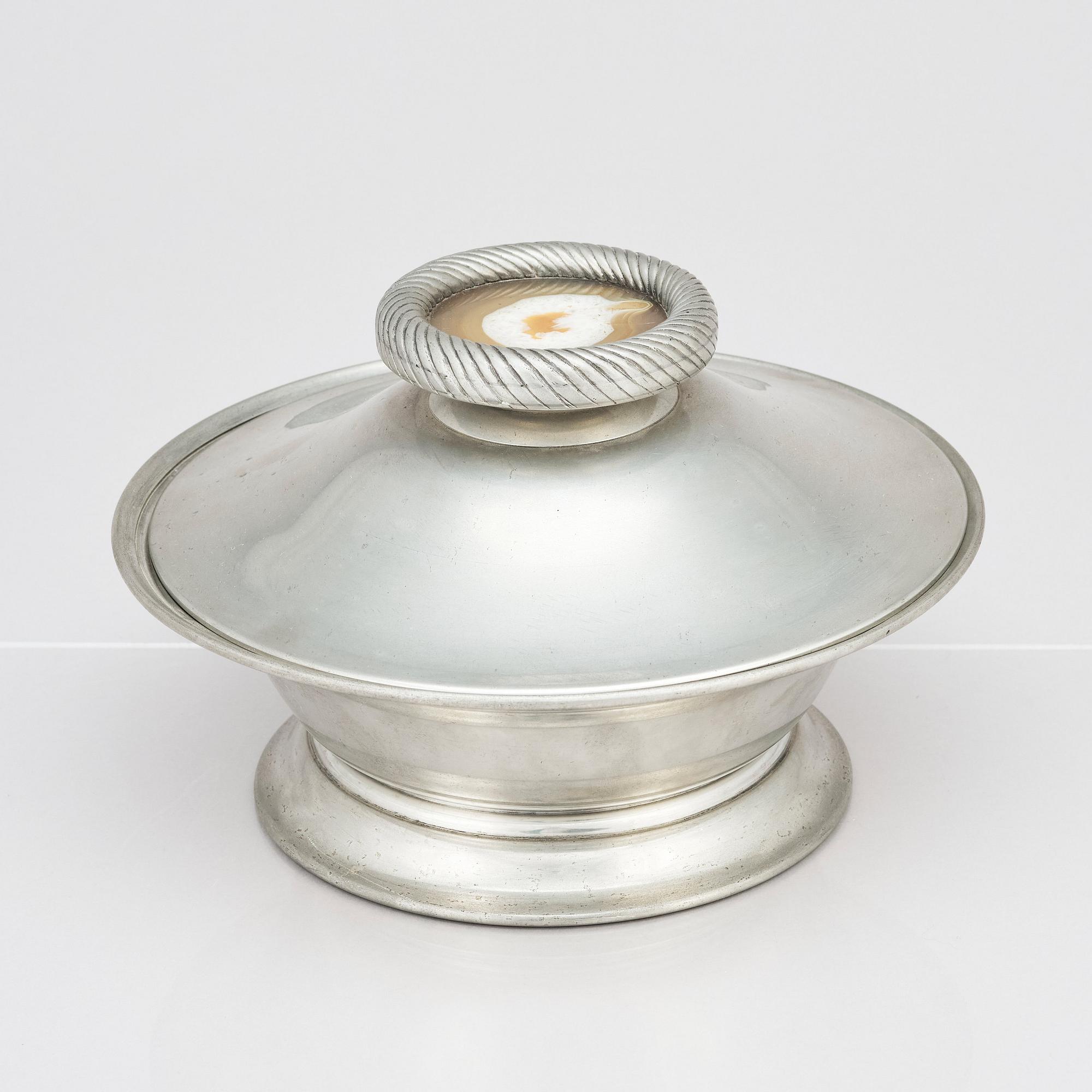 Nils Fougstedt, & Estrid Ericson, a pewter lidded bowl with an onyx finial, Svenskt Tenn, Stockholm 1936.
