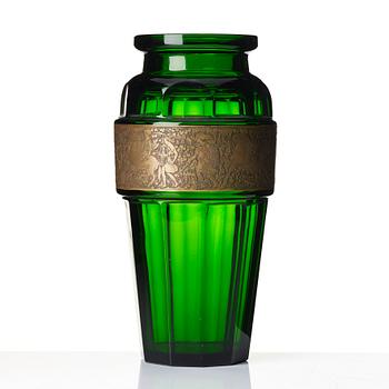 Vaser, två stycken och skål, "Fipop", glas och uranglas, Moser, Tjeckoslovakien, 1911-1938.
