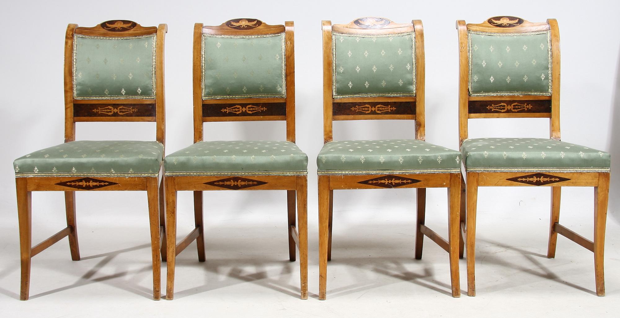 STOLAR, 4 st, senenempire, två etikettmärkt Stockholms stolmakarämbete, 1830-40-tal.