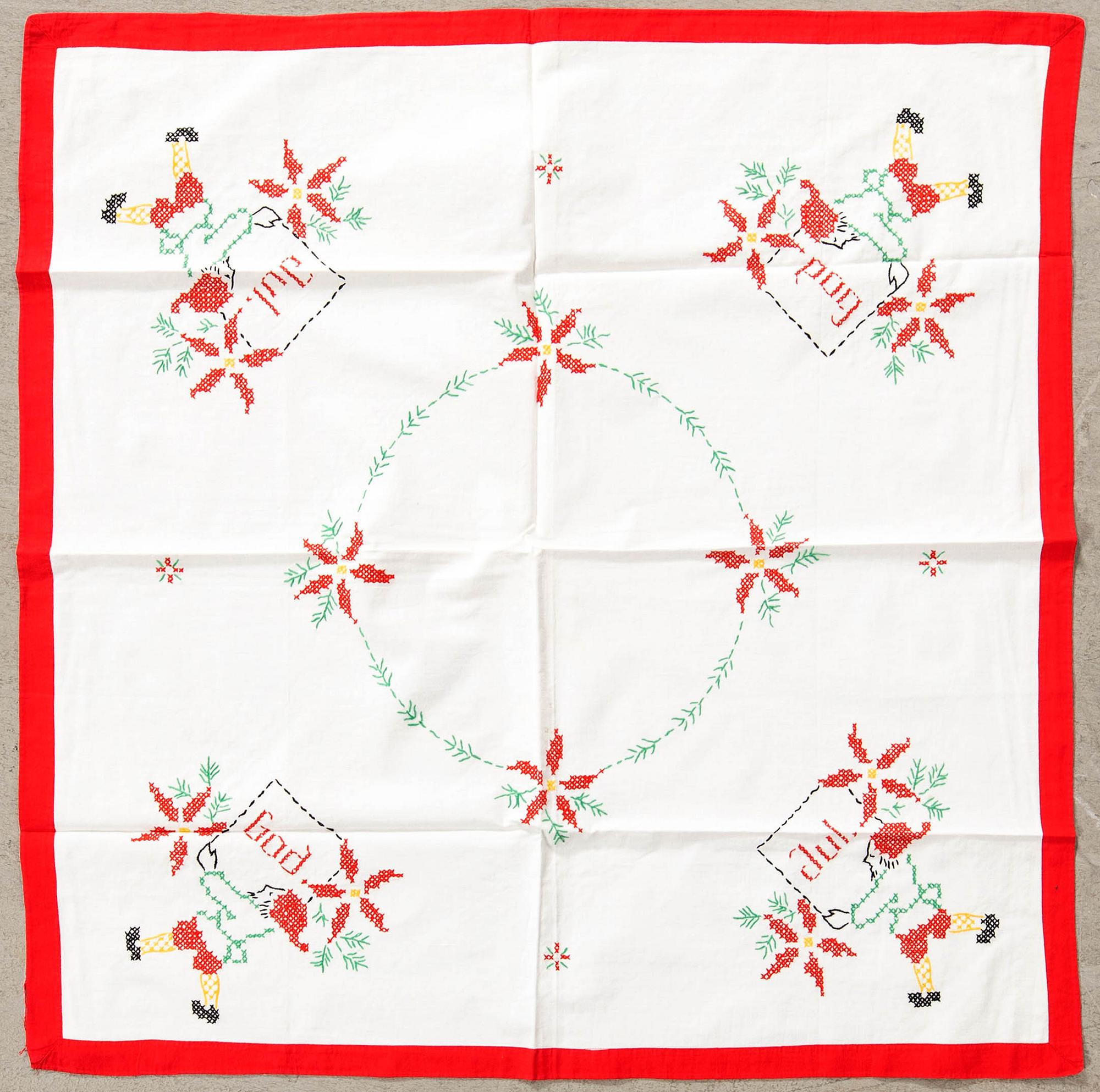 A collection of smaller Christmas tablecloths, runners, wall hangings, curtains, and Christmas tree skirts, 32 pcs, 20th century.