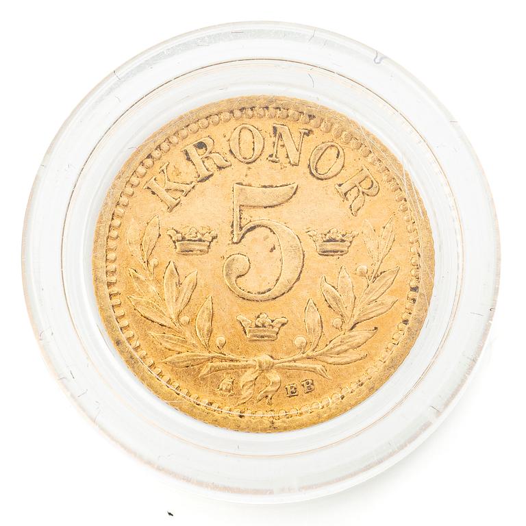 Guldmynt, Sverige, Oskar II, 5 kronor, 1881.