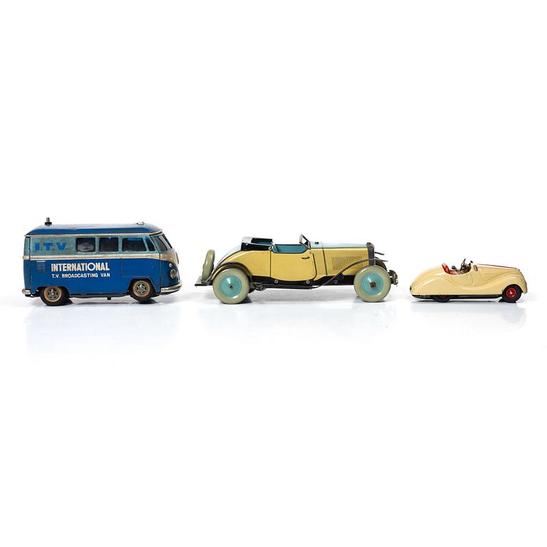 Tin toys, 3 cars, Gakken Toy, Chad Valley & Schuco.