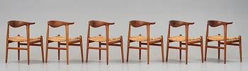 Hans J. Wegner, "Cowhorn Chair", sex stycken, Johannes Hansen, JH 505, Danmark 1950-60-tal.