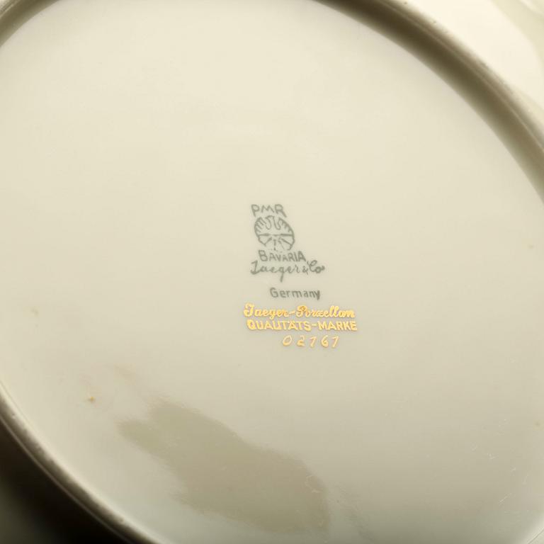 TEKOPPAR med FAT, 10 delar, porslin, "Swedish grace", Louise Adelborg, Rörstrand samt KAKFAT, porslin, Rosenthal.