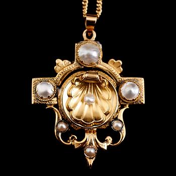 HÄNGE, 18 k guld, svebska stämplar 1868 samt senare kedja, 18 k guld. Total vikt ca 12 gram.
