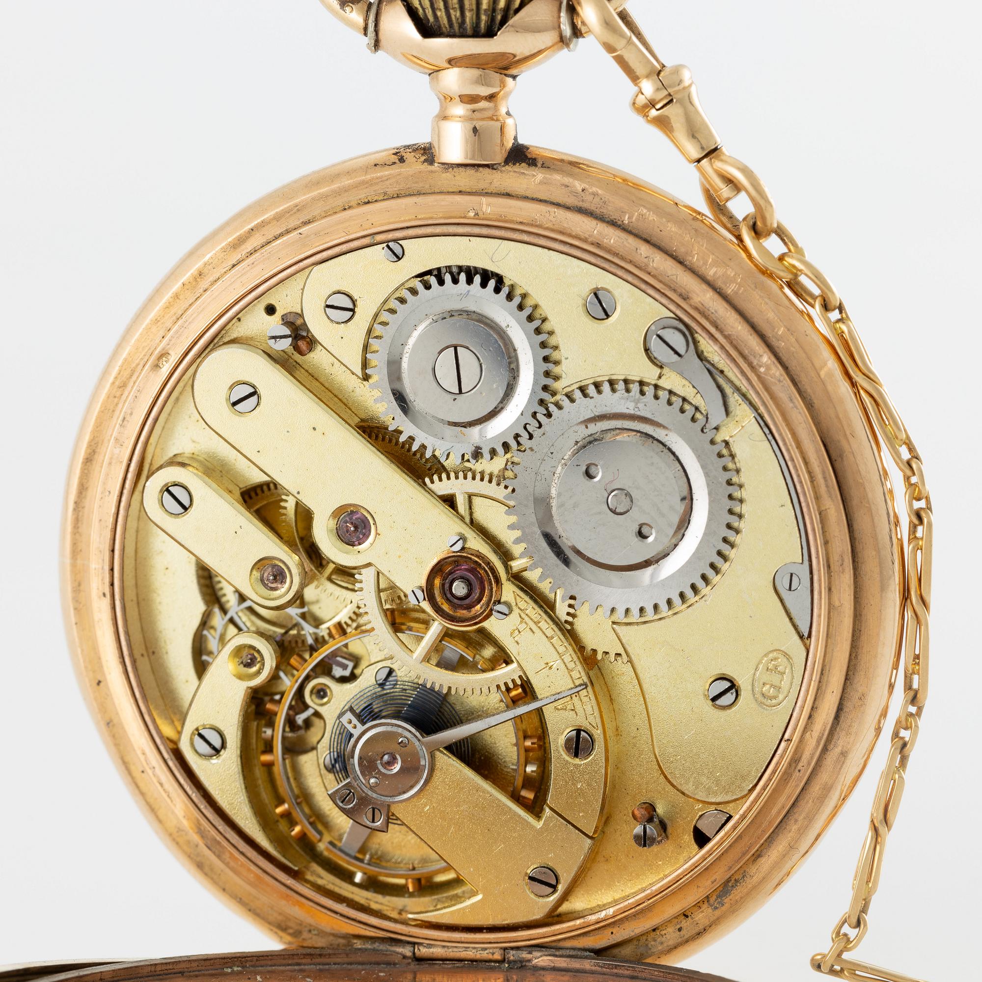 Grosjean Freres, pocket watch, 18K gold, hunter, chain in 18K gold, 53 mm.