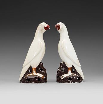 250. A pair of white andred glazed figures of parrots, late Qing dynasty.