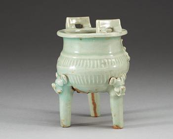 A pale celadon glazed tripod censer, Yuan dynasty (1271-1368).