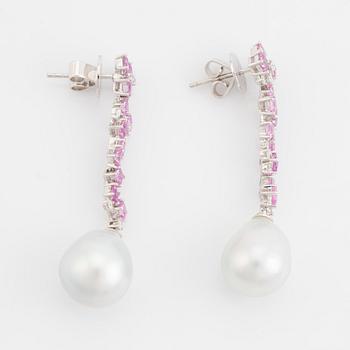 South sea pearl, pink sapphire and diamond earrings.