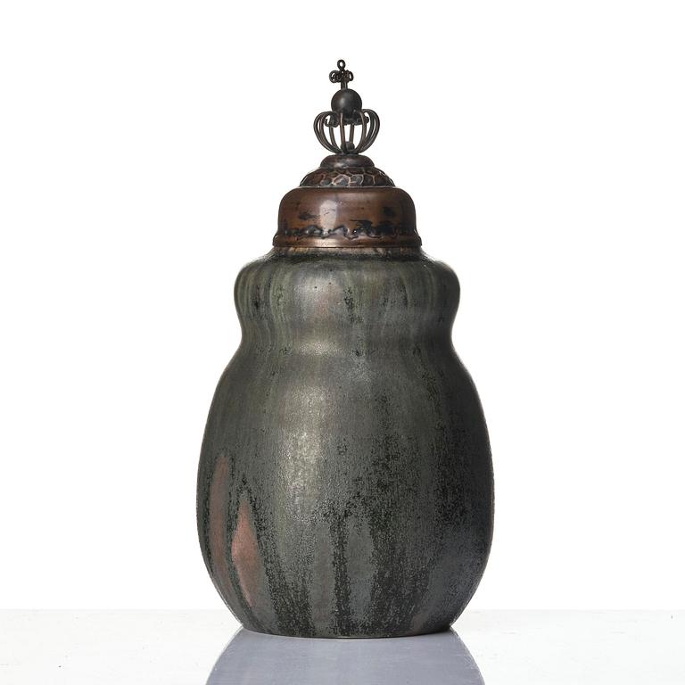 Patrick Nordström, a stoneware urn with a patinated metal cover, Royal Copenhagen, Denmark 1914.