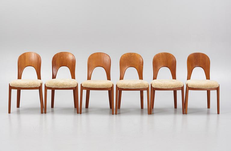 Niels Koefoed, six teak dining chairs upholstered in new sheep skin, Denmark, 1960's.