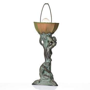 Alice Nordin, an Art Nouveau patinated bronze table lamp "Night and Morning", Herman Bergman's foundry, Stockholm, early 1900s.