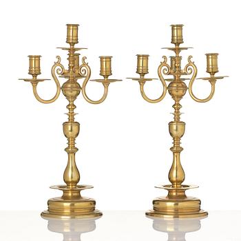 Candelabra, a pair of brass, Baroque style Gusums Bruk No 3, 20th century.