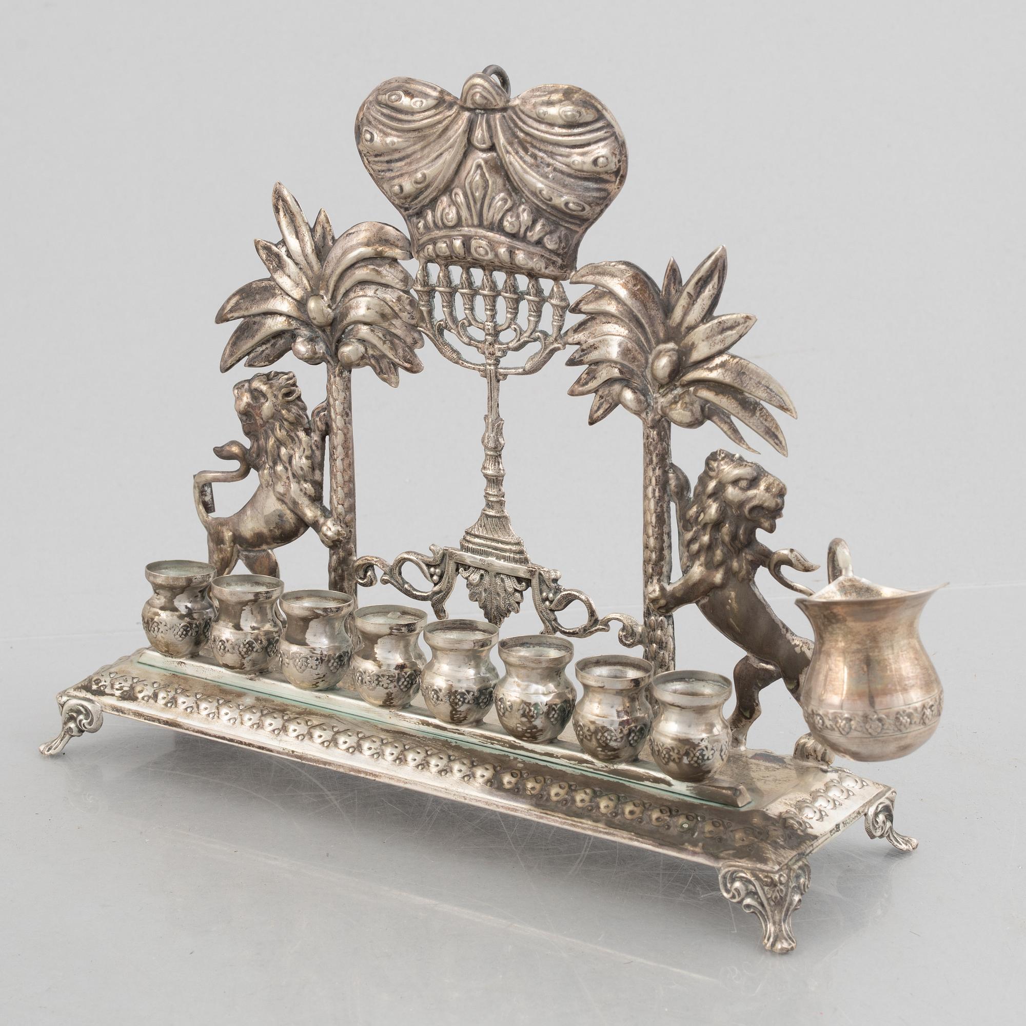 Hanukkah menorah, low-grade silver, Hazorfim Ltd, Israel, 20th Century. Judaica.