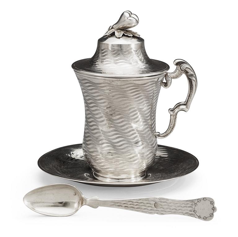 CHOCOLATE CUP with LID, SAUCER and SPOON. Silver, the inside gilt. Ottoman, Turkey late 19th century.