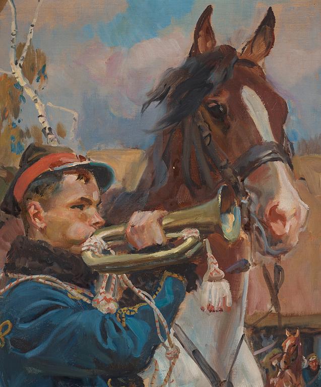 Wojciech von Kossak, Uhlan with a brass horn.