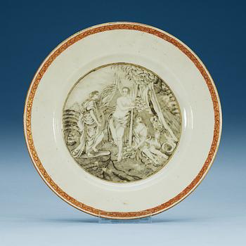 1606. A grisaille dinner plate with a mythological scene, Qing dynasty, Qianlong (1736-95).