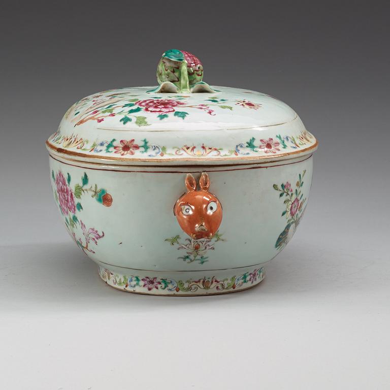 A large famille rose 'double peacock' tureen with cover and stand, Qing dynasty, Qianlong (1736-95).