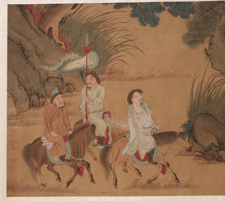 A fine handscroll of hunting scenes and with calligraphy, Qing dynasty.