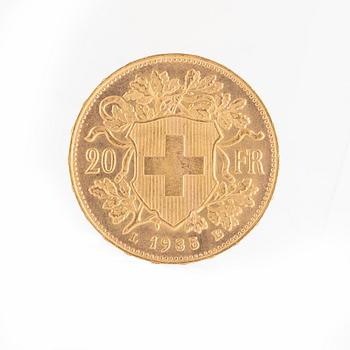 Guldmynt, Schweiz, 20 Franc, 1935 LB.