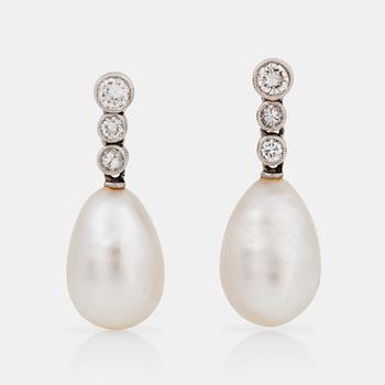 A pair of natural drop-shaped saltwater pearl and old-cut diamond earrings. Length of pearls circa 14 - 14.5 mm.