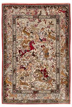 425. A silk Qum rug of 'hunting' design, c. 157 x 108 cm.