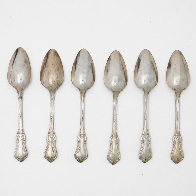 Matskedar, 6 st, silver, modell Olga, Hans Georg Vogt & Söner, Kristianstad, 1859.