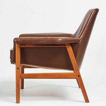 Ib Kofod-Larsen, a teak and brown leather easy chair, Olof Perssons Fåtöljindustri (OPE), Sweden, 1950-60's.