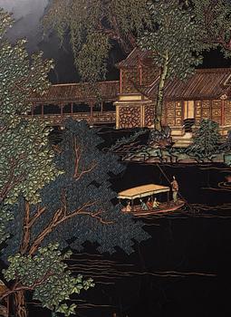 Paneler, fyra stycken, lack och trä. Kina, 1900-talets första del.