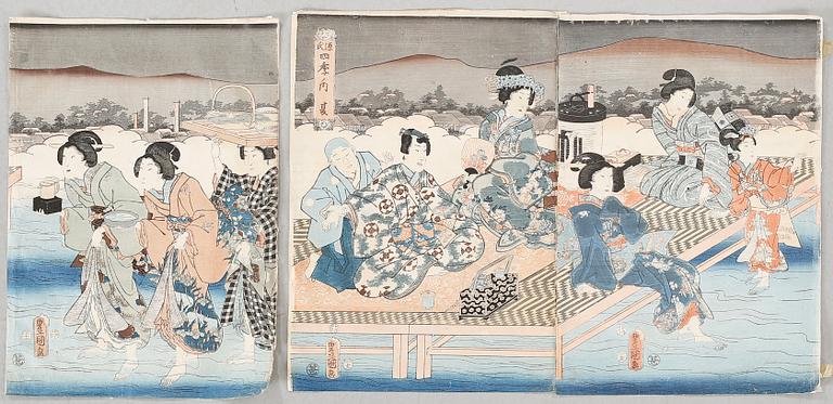 Two triptych 19th century woodcuts from Japan.