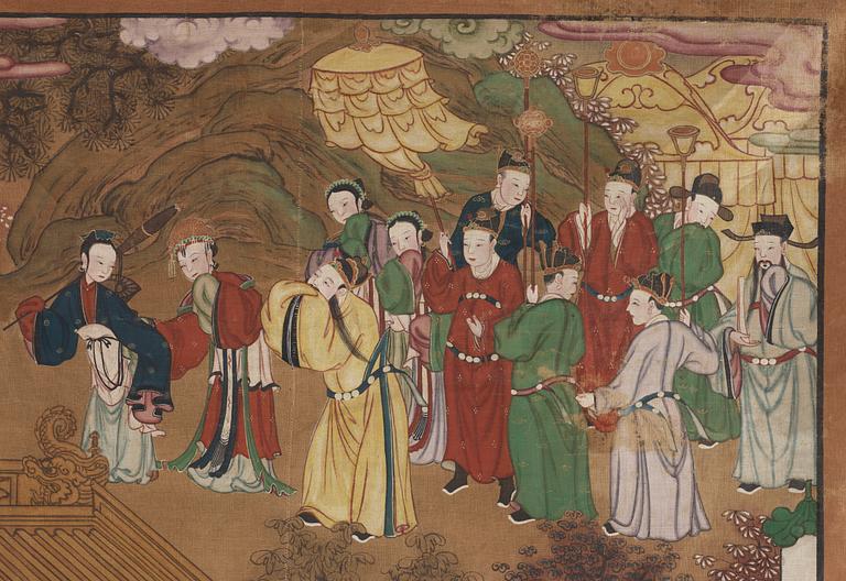 A painting with figures in a garden, Qing Dynasty, late 19th Century.