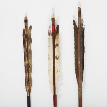 A Japanese three piece bow and arrow set, from various ages.