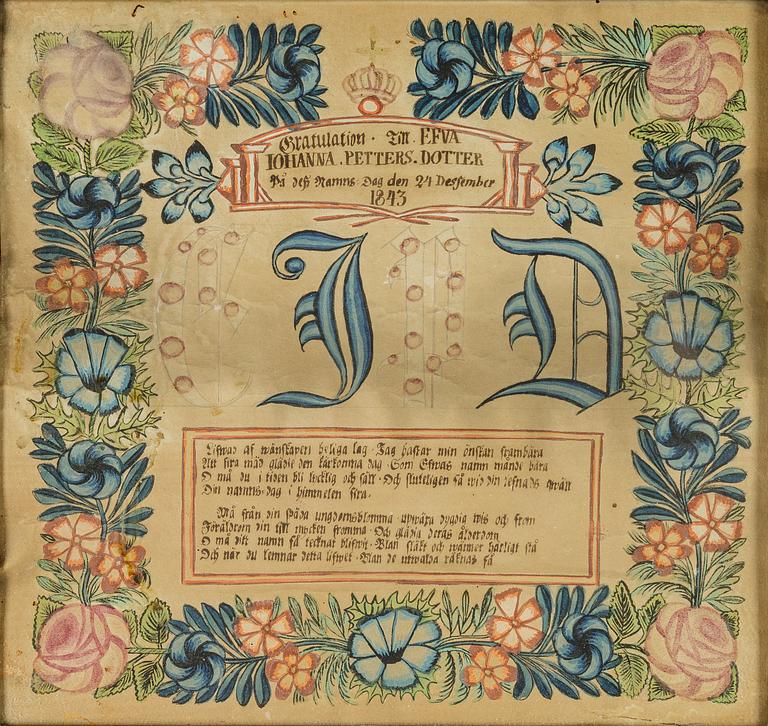 A set of three folk art commemorative paintings, 19th century.