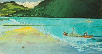 Carl Johan Forsberg, Alpine landscape with man and dog in a boat.
