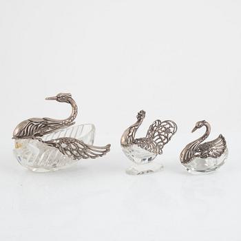 Salt cellar/table accessory, silver and glass, three pieces, mid-20th century.